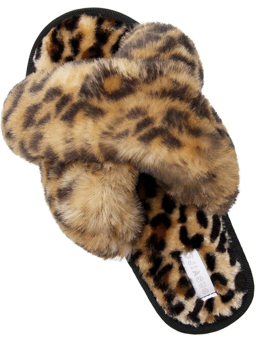 Women's Leopard Fuzzy Fluffy House Cozy Criss Cross Furry Open Toe Slipper Shoes